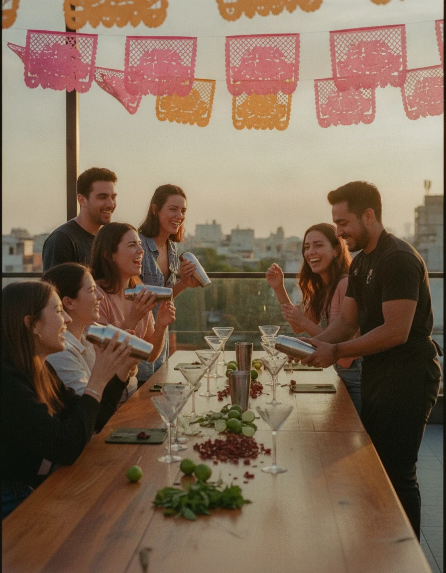 Ilustración: un grupo de amigos agita sus cocteles alrededor de una mesa larga mientras un bartender los guía