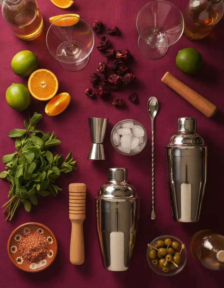 Ilustración: barra portátil completa con cocteleras, medidores, fruta, hierbas, hielo y copas sobre un mantel jamaica